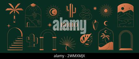 Set di elementi boho. Cactus a linea mistica boema, sole, luna, cristallo, palma, scale, paesaggio desertico e struttura ad arco. Semplici simboli esoterici magici ad arco lineare, icone astrologiche su sfondo scuro Illustrazione Vettoriale