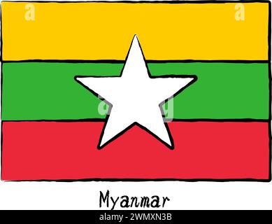 Bandiera del mondo disegnata a mano analogica, Myanmar, illustrazione vettoriale Illustrazione Vettoriale