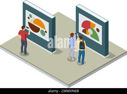 Isometric Interior of the Modern Art, un museo d'arte. Sala all'interno del museo con opere d'arte e visitatori. Illustrazione Vettoriale
