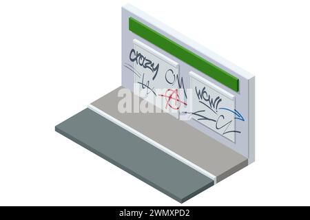 Concetto isometrico di Graffiti sulla parete. Cultura urbana contemporanea. Street art. Astratto creativo disegnando colori alla moda sulle pareti della città. Illustrazione Vettoriale
