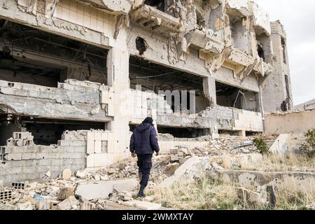 Syria, Ma'lula. Maaloula, Ruins of Safir Hotel bombed out in civil war Stock Photo