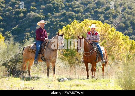 Due Cowboys che cavalcano i loro Quarterhorse nell'entroterra. Andalusia, Spagna Foto Stock