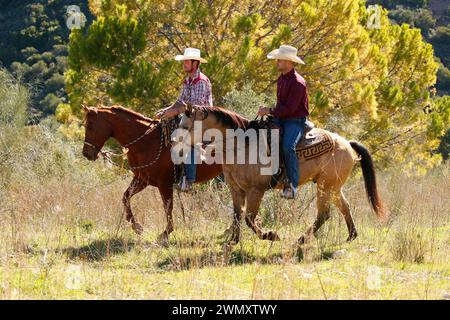 Due Cowboys che cavalcano i loro Quarterhorse nell'entroterra. Andalusia, Spagna Foto Stock