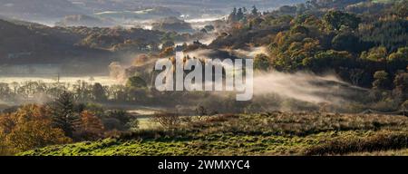 Nebbioso mattino autunnale nella Fleet Valley National Scenic area, vicino a Gatehouse of Fleet, Dumfries & Galloway, Scozia Foto Stock