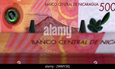 Nicaragua Money Nicaragua Cordobas pacchetto di denaro illustrazione 3d. 500 pile di banconote NIO. Concetto di finanza, cassa, crisi economica, business suc Foto Stock