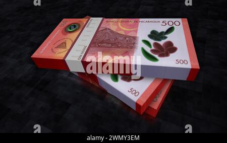 Nicaragua Money Nicaragua Cordobas pacchetto di denaro illustrazione 3d. 500 pile di banconote NIO. Concetto di finanza, cassa, crisi economica, business suc Foto Stock