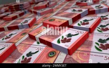 Nicaragua Money Nicaragua Cordobas pacchetto di denaro illustrazione 3d. 500 pile di banconote NIO. Concetto di finanza, cassa, crisi economica, business suc Foto Stock