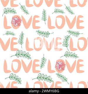 Grazioso motivo senza cuciture con la scritta Love. Stile piatto per tessuto, design per imballaggio Illustrazione Vettoriale