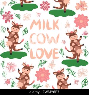 Mucca danzante nel prato grazioso motivo senza cuciture, spruzzi di latte e l'iscrizione latte, mucca, amore. Modello piatto per tessuti, design di imballaggio Illustrazione Vettoriale