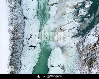 Islanda, costa meridionale, regione Vesturland, fiume Hvit e cascata Gullfoss (vista aerea) Foto Stock