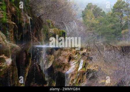 Cascate d'acqua sulle rocce muschiate alla sorgente del fiume Cuervo a Cuenca, incorniciate da uno sfondo boschivo Foto Stock