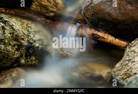 Lunga esposizione di un tranquillo ruscello che si intreccia tra rocce coperte di muschio, catturando l'essenza di un inverno sereno nel Parco Nazionale di Guadarrama. Foto Stock