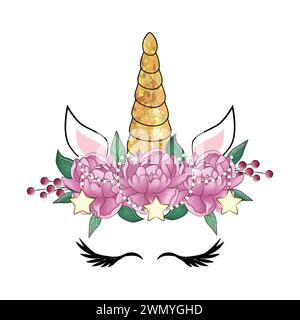 Carina testa di unicorno con corona di fiori Illustrazione Vettoriale