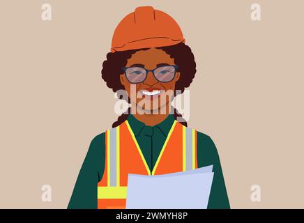 Ritratto illustrato di una donna sicura di sé e sorridente, vestita con un casco di sicurezza e un giubbotto riflettente, in possesso di documenti. Foto Stock