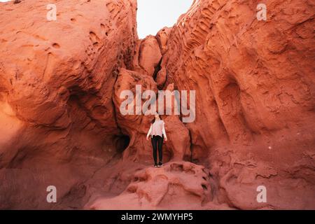 Un viaggiatore si erge tra le vibranti formazioni rocciose rosse di Los Colorados nel nord dell'Argentina, mostrando la bellezza naturale di questo paesaggio desertico Foto Stock