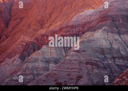 Il sole tramonta sul paesaggio strutturato di Los Colorados, diffondendo tonalità calde sulle formazioni rocciose striate nel nord dell'Argentina. Foto Stock