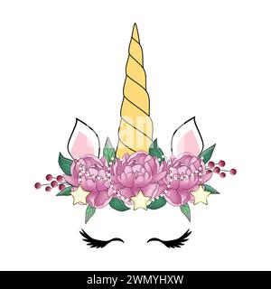 Carina testa di unicorno con corona di fiori Illustrazione Vettoriale