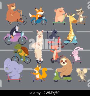 Animali su strada cartoni animati divertenti animali che corrono in bicicletta Illustrazione Vettoriale