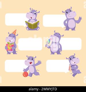 Ippopotamo personaggi animali selvatici bambini con posto per bolle di testo vettore divertente ippopotamo Illustrazione Vettoriale