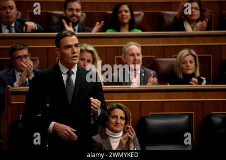 Madrid Spagna; 02/28/2024.- sessione plenaria del Congresso dei deputati del Regno di Spagna, segnata dal caso di corruzione denominato "Koldo". Pedro Sánchez, presidente del governo spagnolo, e Alberto Núñez Feijóo, leader del Partito Popolare (un partito che è stato condannato per corruzione) entrano in una discussione sulla corruzione. Foto: Juan Carlos Rojas Foto Stock