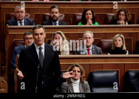 Madrid Spagna; 02/28/2024.- sessione plenaria del Congresso dei deputati del Regno di Spagna, segnata dal caso di corruzione denominato "Koldo". Pedro Sánchez, presidente del governo spagnolo, e Alberto Núñez Feijóo, leader del Partito Popolare (un partito che è stato condannato per corruzione) entrano in una discussione sulla corruzione. Foto: Juan Carlos Rojas Foto Stock