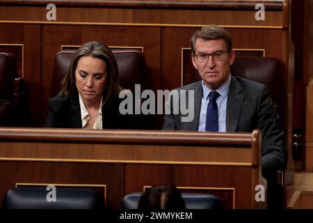 Madrid Spagna; 02/28/2024.- sessione plenaria del Congresso dei deputati del Regno di Spagna, segnata dal caso di corruzione denominato "Koldo". Pedro Sánchez, presidente del governo spagnolo, e Alberto Núñez Feijóo, leader del Partito Popolare (un partito che è stato condannato per corruzione) entrano in una discussione sulla corruzione. Foto: Juan Carlos Rojas Foto Stock