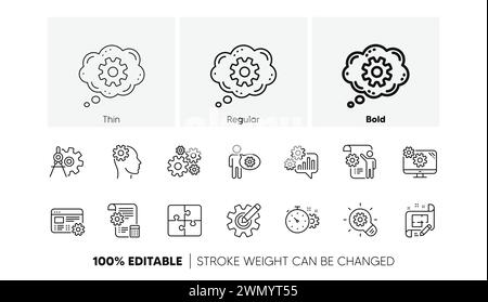 Icone della linea di progettazione. Puzzle, strumento divisori e piano architetto. Set di icone lineari. Icone di linea. Vettore Illustrazione Vettoriale
