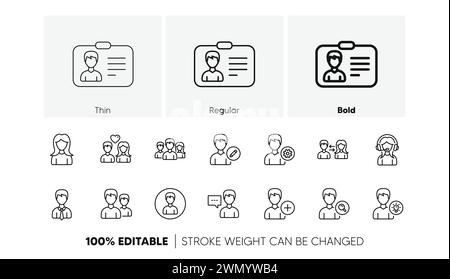 Icone di riga della persona utente. Profilo, gruppo e supporto. Set di icone lineari. Icone di linea. Vettore Illustrazione Vettoriale