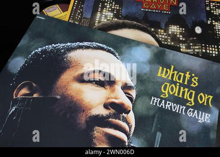 Viersen, Germania - 9 gennaio. 2024: Primo piano del cantante Marvin Gaye, vinile, copertina dell'album What's Going On del 1971 Foto Stock