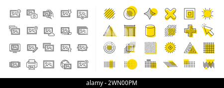 Icone delle linee fotografiche. Stampa immagine, fotocamera, carica icone immagine. Modificare l'immagine, riprodurre il vettore di presentazione Illustrazione Vettoriale