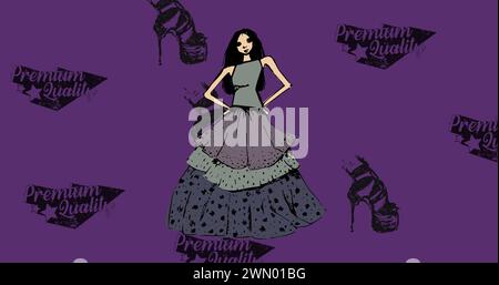 Immagine delle icone delle scarpe e del modello su sfondo viola Foto Stock