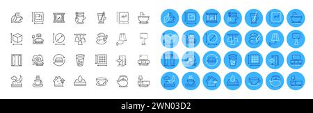 Pacchetto icone tazza da tè, mobili mobili mobili e linea materasso. Per applicazioni Web. Pulsanti delle icone a colori. Vettore Illustrazione Vettoriale