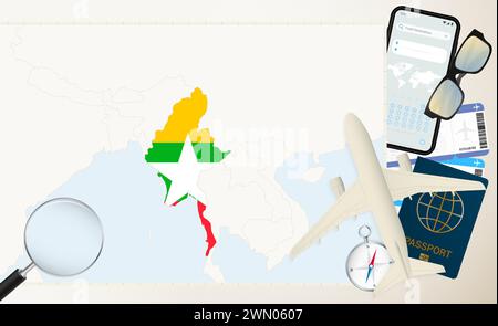Mappa e bandiera del Myanmar, aereo da carico sulla mappa dettagliata del Myanmar con bandiera, passaporto, lente d'ingrandimento e aereo. Modello vettoriale. Illustrazione Vettoriale