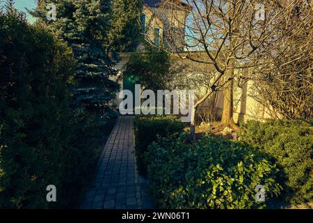 Percorso decorativo in piastrelle di ceramica che conduce alla porta tra gli arbusti sempreverdi del cortile Foto Stock