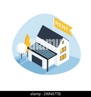 Casa in affitto. Comprare una casa ipotecaria. Proprietà immobiliari. Illustrazione isometrica vettoriale. Illustrazione Vettoriale