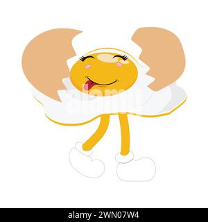 Uovo fritto con la faccia carina che giace sull'illustrazione di un cartone animato. Uovo di pollo per colazione. Felice carattere di uovo fritto. Pasqua, cucina, cibo, concetto di emozione Illustrazione Vettoriale