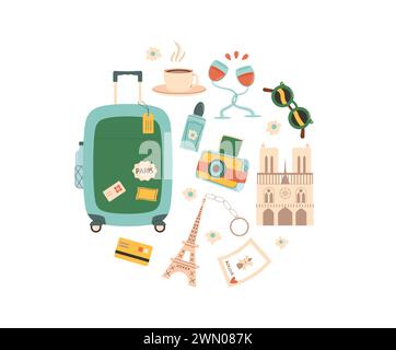 Viaggia composizione circolare a Parigi. Turismo in Francia elementi di forma rotonda isolati su sfondo bianco. Viaggio in Europa. Weekend di vacanza vacante Illustrazione Vettoriale