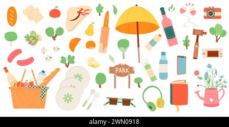 Giornata di picnic nel parco. Weekend di primavera con riposo isolato su sfondo bianco. Cibo estivo nell'aria. Illustrazione piatta vettoriale. Illustrazione Vettoriale