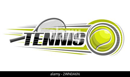 Logo vettoriale per Tennis, banner decorativo orizzontale con contorno raffigurante il colpo di palla da tennis, il volo sulla traiettoria in porta sul backgroun bianco Illustrazione Vettoriale