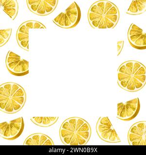 Illustrazione acquerello. Cornice quadrata di fette di limone gialle disegnate ad acquerello su sfondo bianco. Adatto per la stampa su tessuto e carta Foto Stock