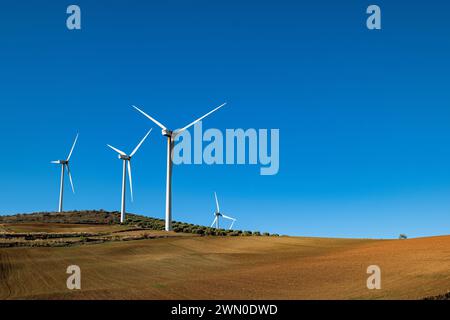 Turbine eoliche negli oliveti di Alora, nel sud della Spagna Foto Stock