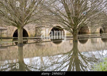 Wallingford, Oxfordshire, Regno Unito. 28 febbraio 2024. Il parcheggio Riverside di Wallingford rimane sott'acqua. Il fiume Tamigi a Wallingford, Oxfordshire, ha fatto scoppiare di nuovo le sue rive. Un allarme alluvione rimane in atto per il fiume Tamigi, incluso Wallingford. Crediti: Maureen McLean/Alamy Live News Foto Stock