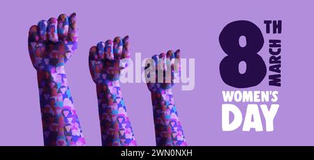 Biglietto giornaliero internazionale della donna in illustrazione vettoriale. Il pugno della donna per la lotta per l'uguaglianza di genere in un collage retrò e in uno stile di design misto Illustrazione Vettoriale
