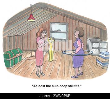 Cartone animato a colori di due donne che guardano oggetti di 20 anni fa. Almeno l'hula-hopp sta ancora bene. Foto Stock
