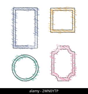 Set di cornici. Collezione di bordi decorativi disegnati a mano con pennello decorativo per scarabocchiare, tratti di bambini colorati, cerchio, quadrato, rettangolo Illustrazione Vettoriale