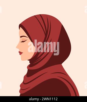 Ritratto della giovane bella donna musulmana in hijab, vista laterale. Illustrazione vettoriale piatta Illustrazione Vettoriale