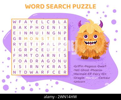 Puzzle di ricerca per parole per bambini con animali mitici. Illustrazione Vettoriale