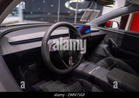 Interni nuova auto elettrica Tesla Model 3, volante, display del cruscotto, tendenze di utilizzo EV nell'Europa contemporanea, ultime tecnologie nel settore automobilistico Foto Stock