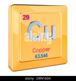 Rame Cu, segno dell'elemento chimico con numero 29 nella tavola periodica. Rendering 3D isolato su sfondo bianco Foto Stock