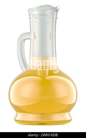 Bottiglia di olio da cucina. Flacone in vetro di olio giallo. Rendering 3D isolato su sfondo bianco Foto Stock